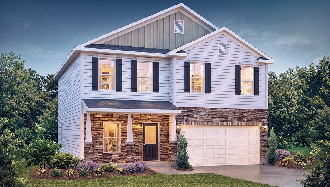 Hamilton front exterior with siding and two car garage