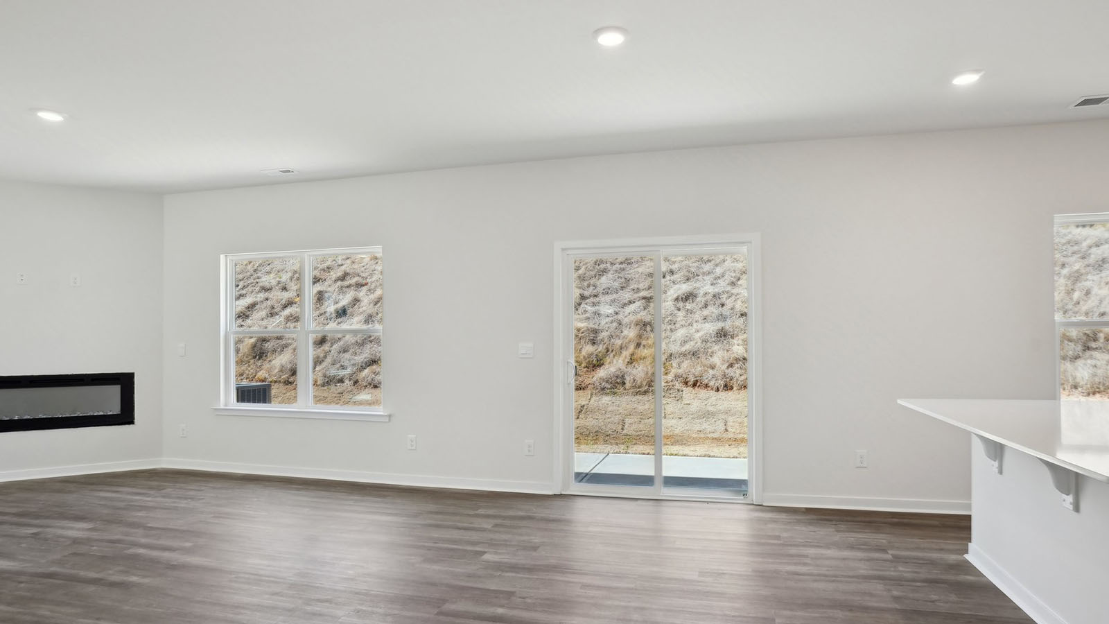 living room with wood floors, electric fireplace and large window