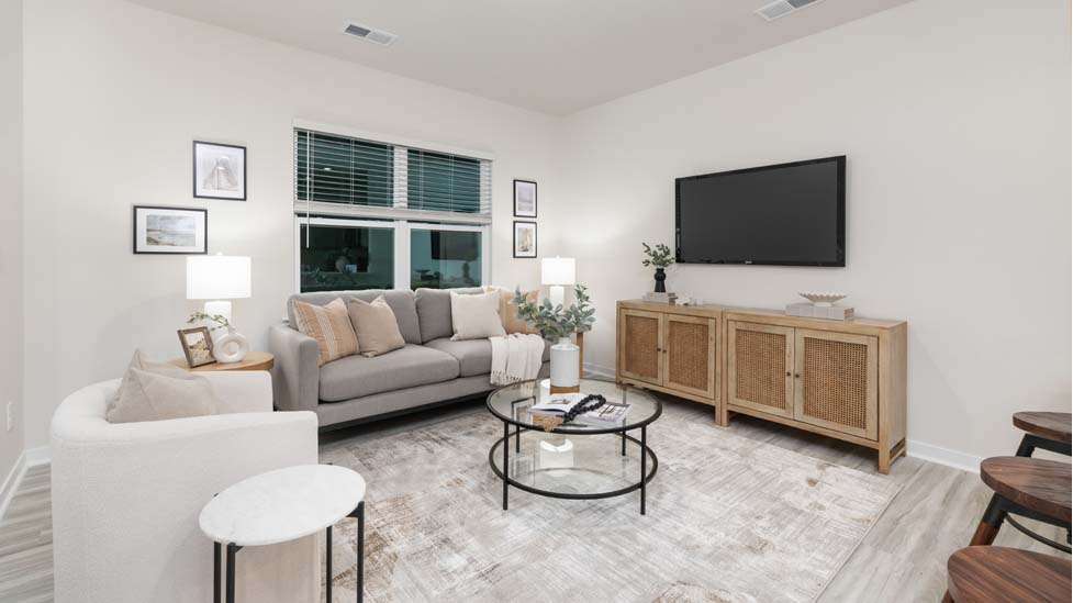 Living room with view of kitchen