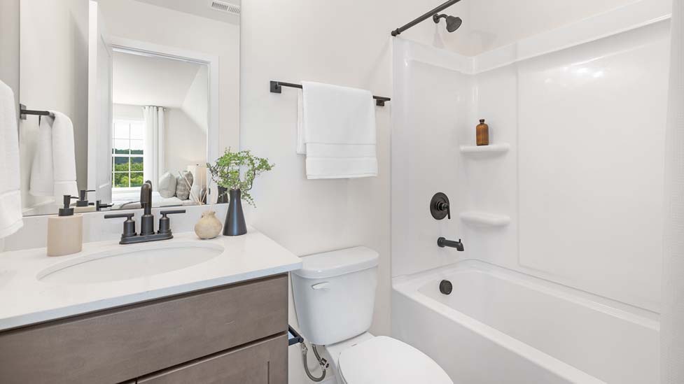 Bathroom with double sink vanity and bathtub shower combination