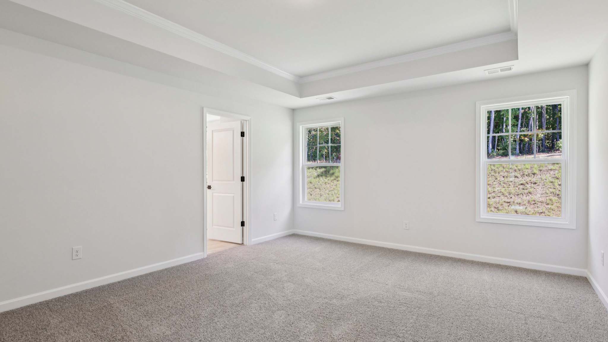 Primary bedroom with carpet and two large windows