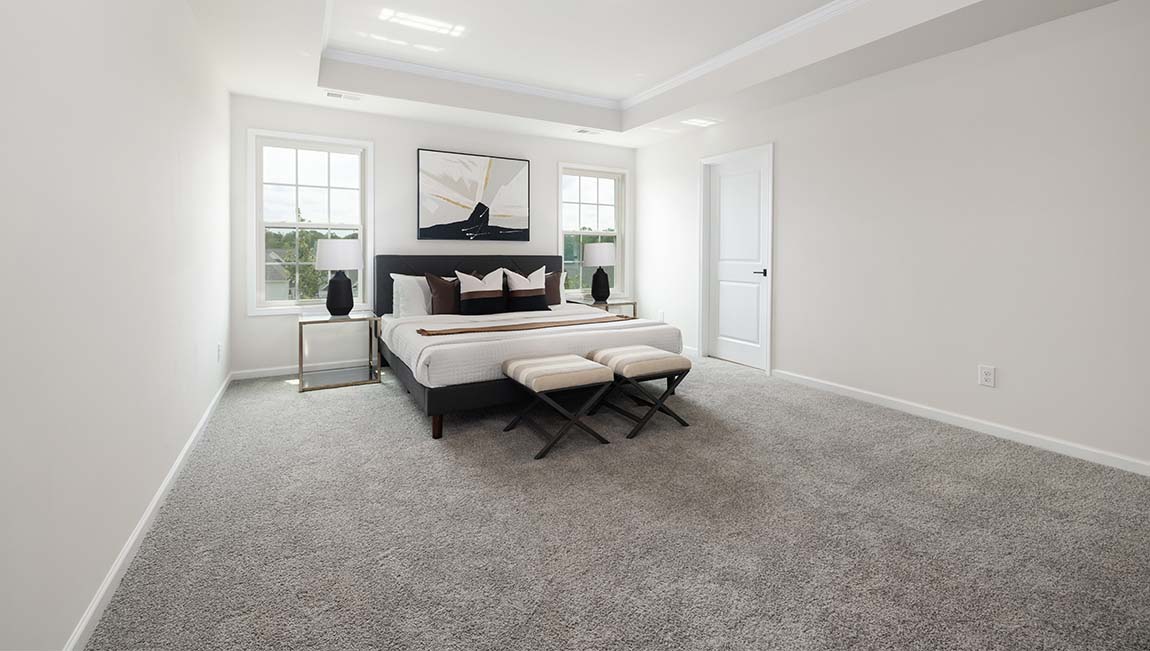 Primary bedroom with carpet and two large windows