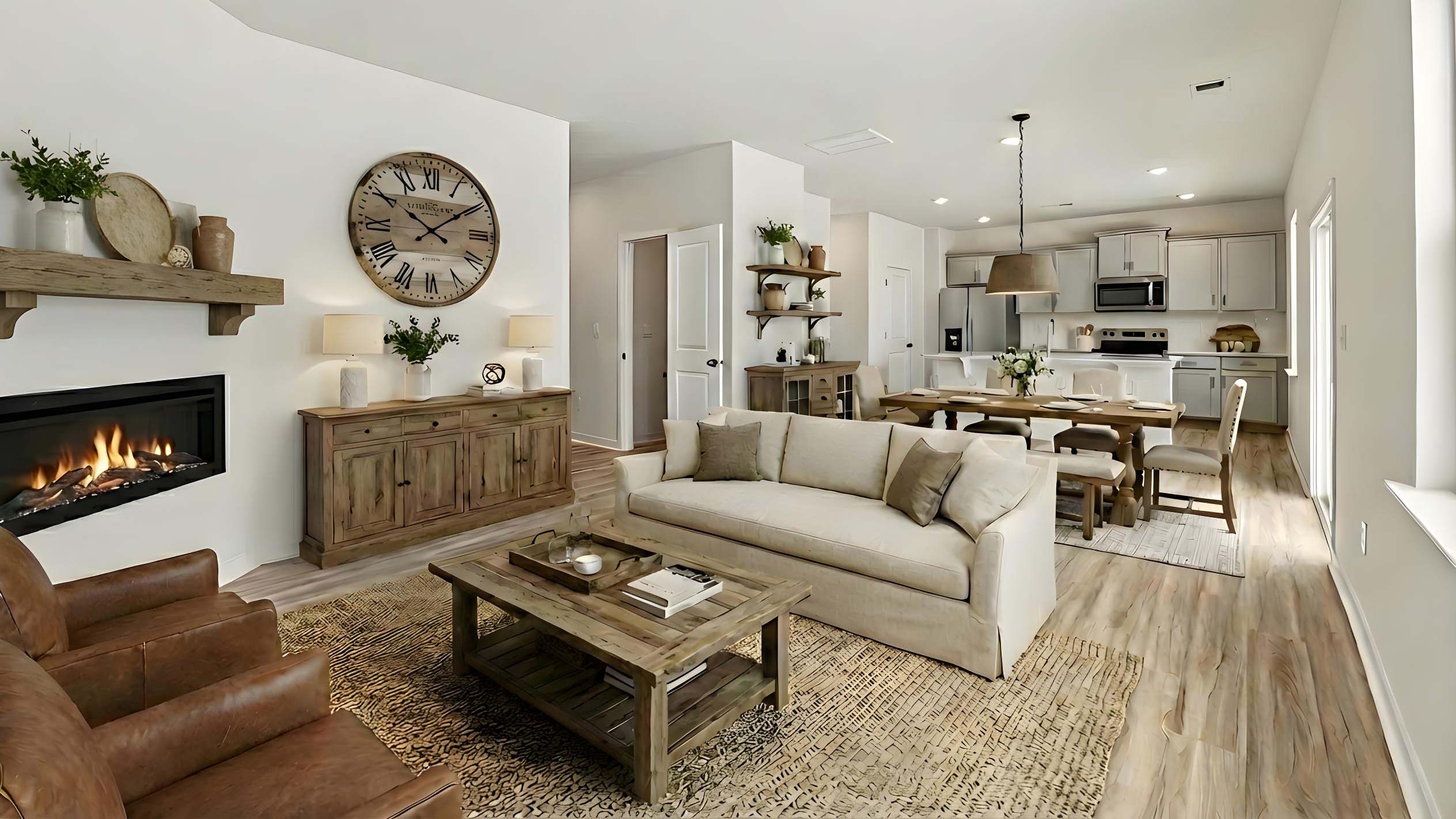 Living room with electric fireplace and large window