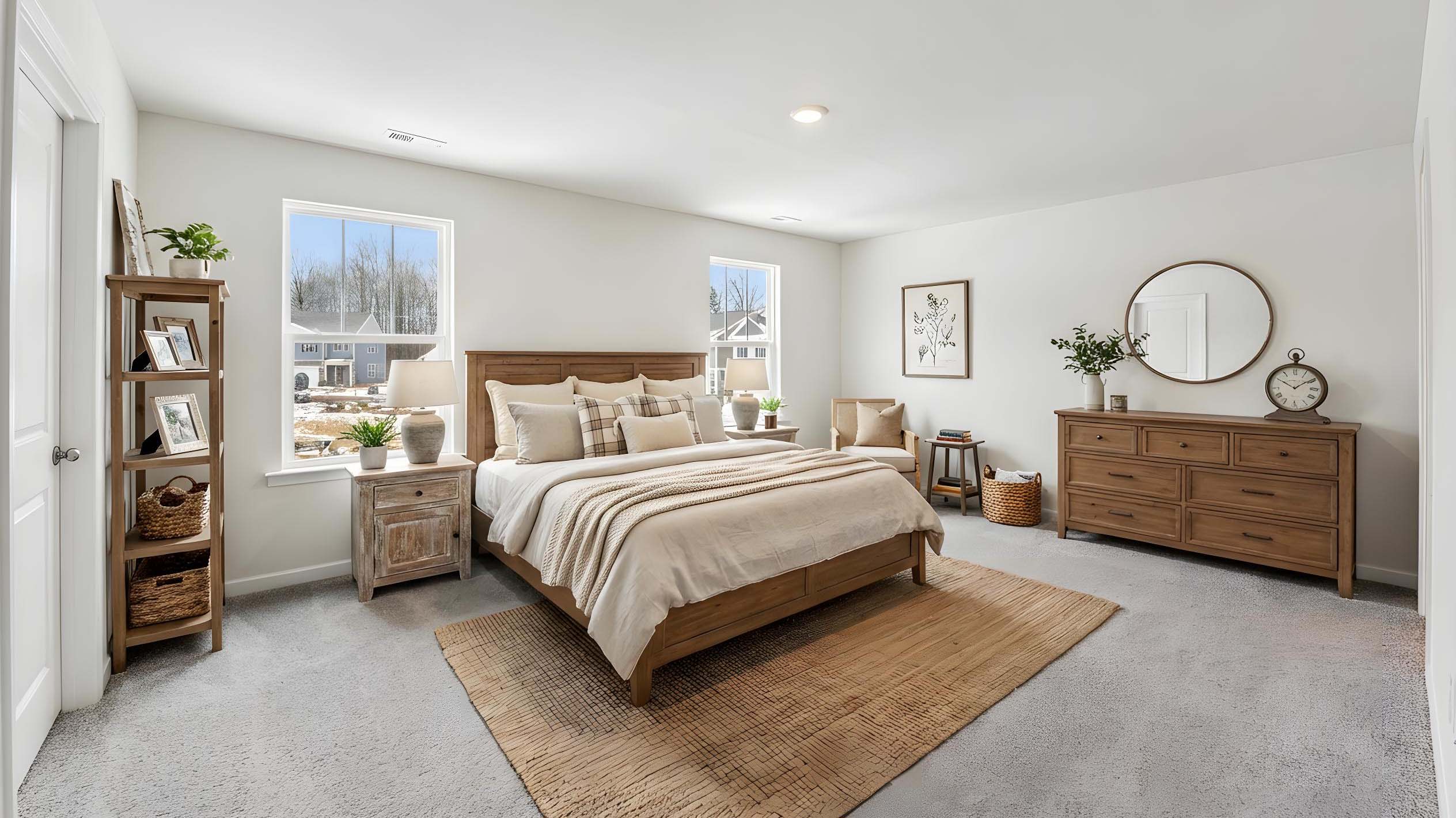 Carpeted bedroom with large window