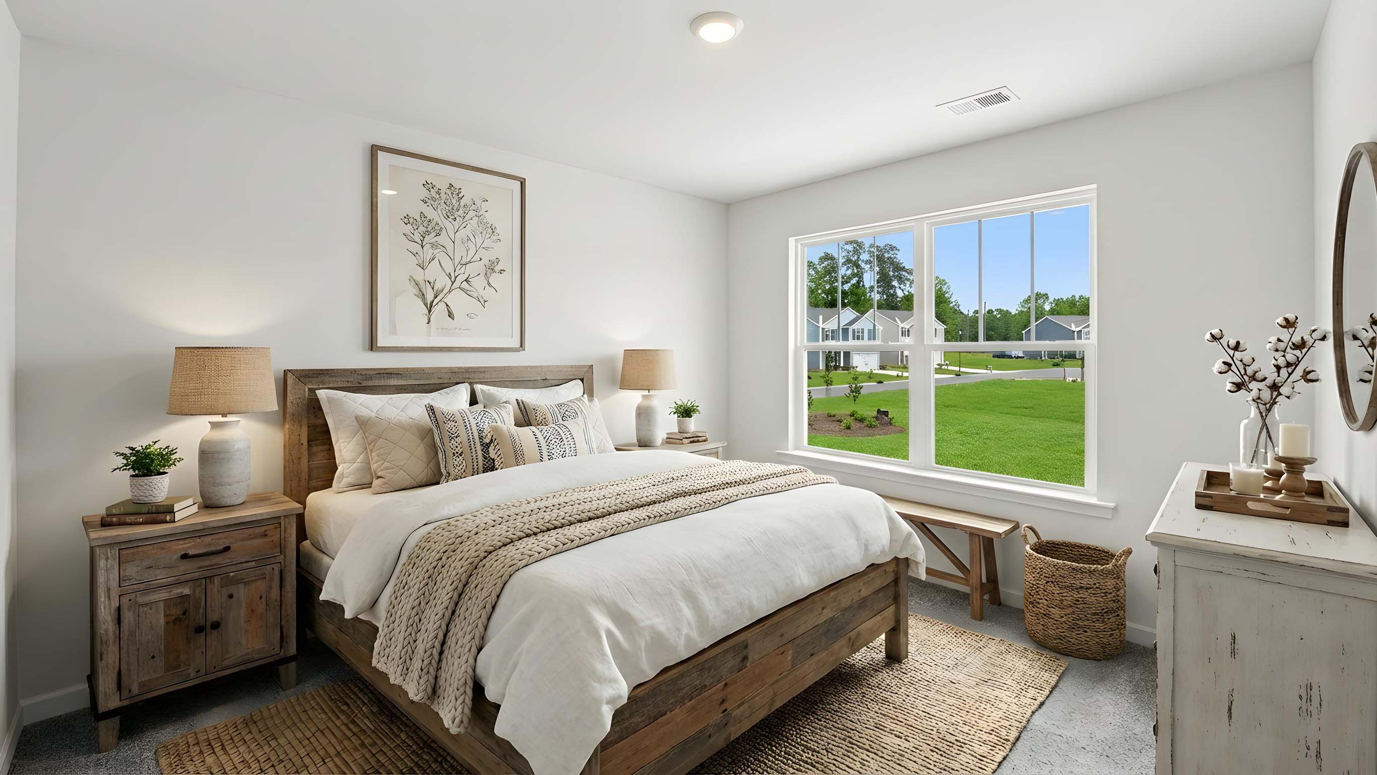 Carpeted bedroom with large window