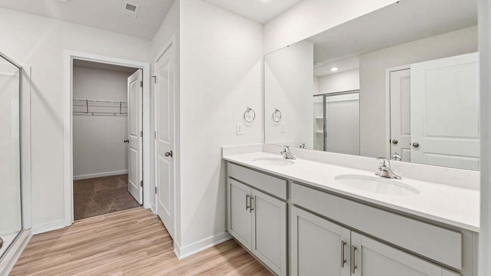 Bathroom with double sink vanity and attached walk in closet