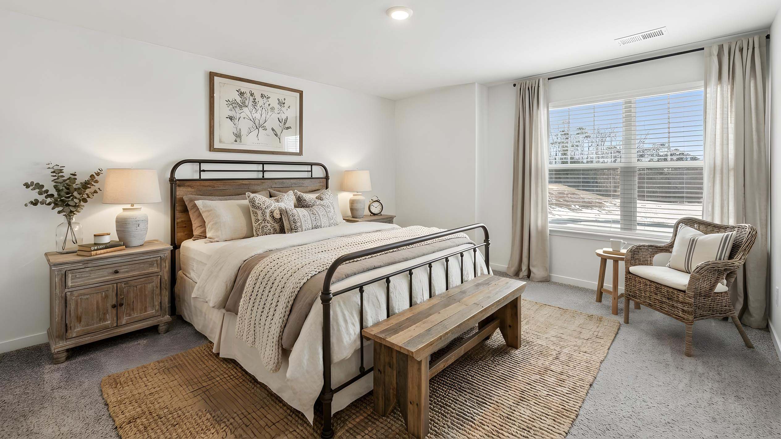 Carpeted bedroom with large windows