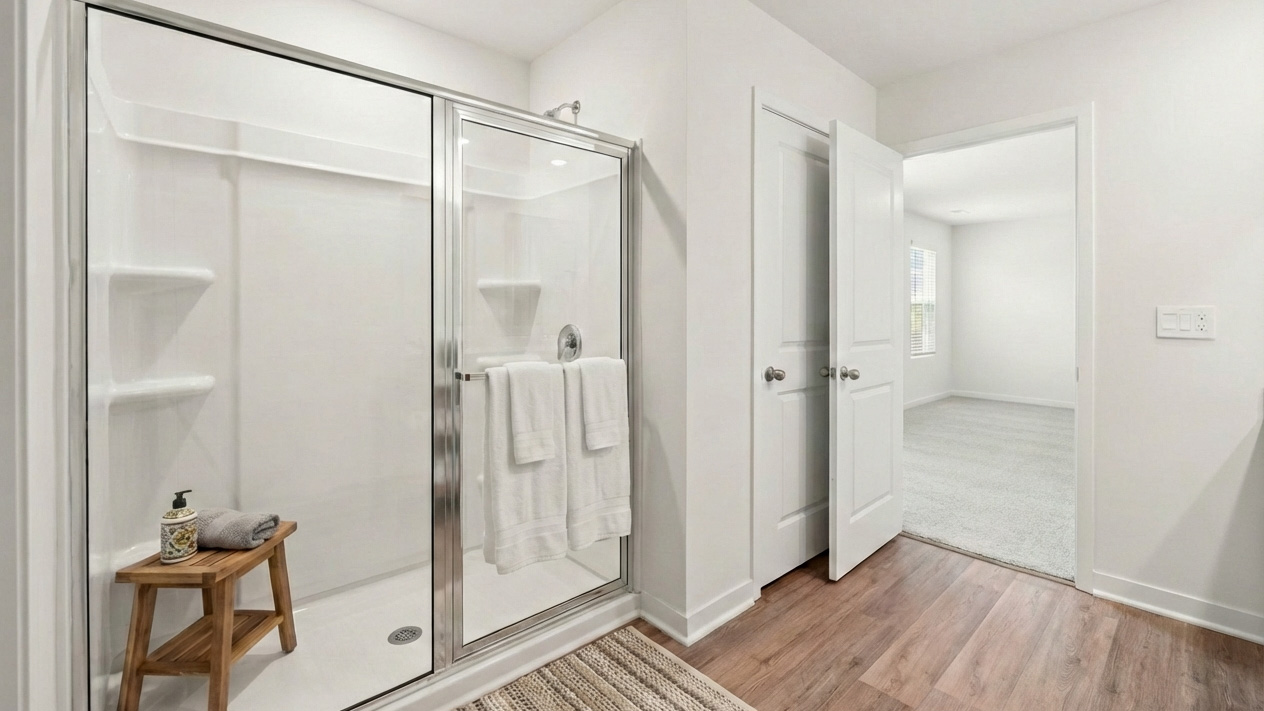 Primary bathroom with standing glass shower