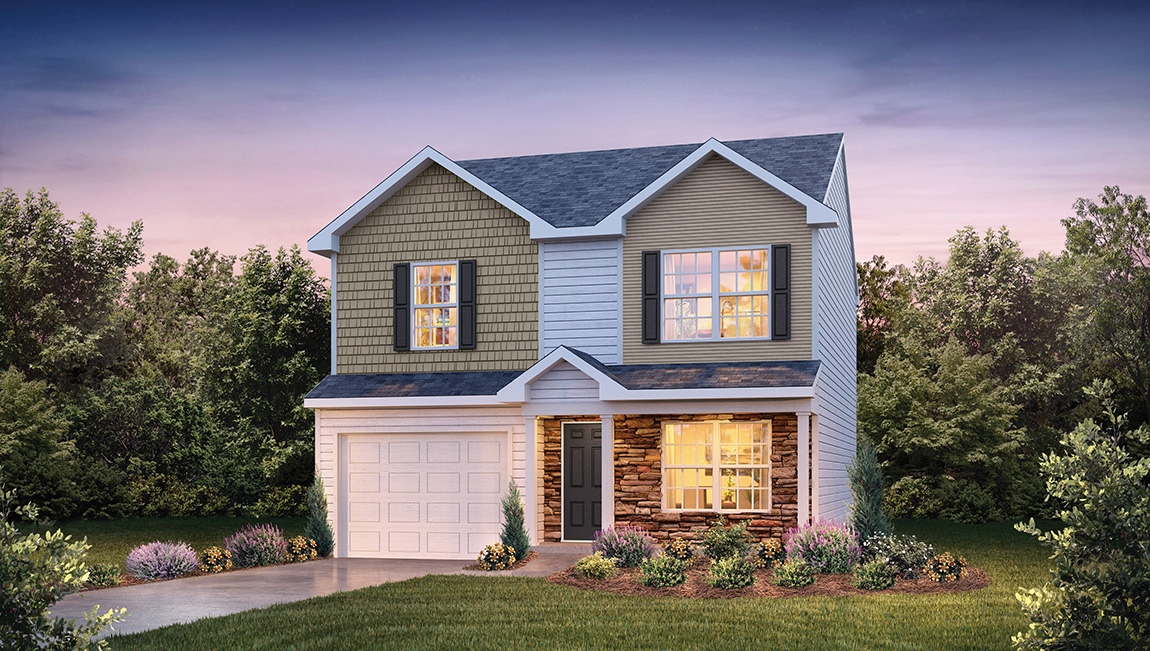 Brandon front exterior rendering with grey siding and garage