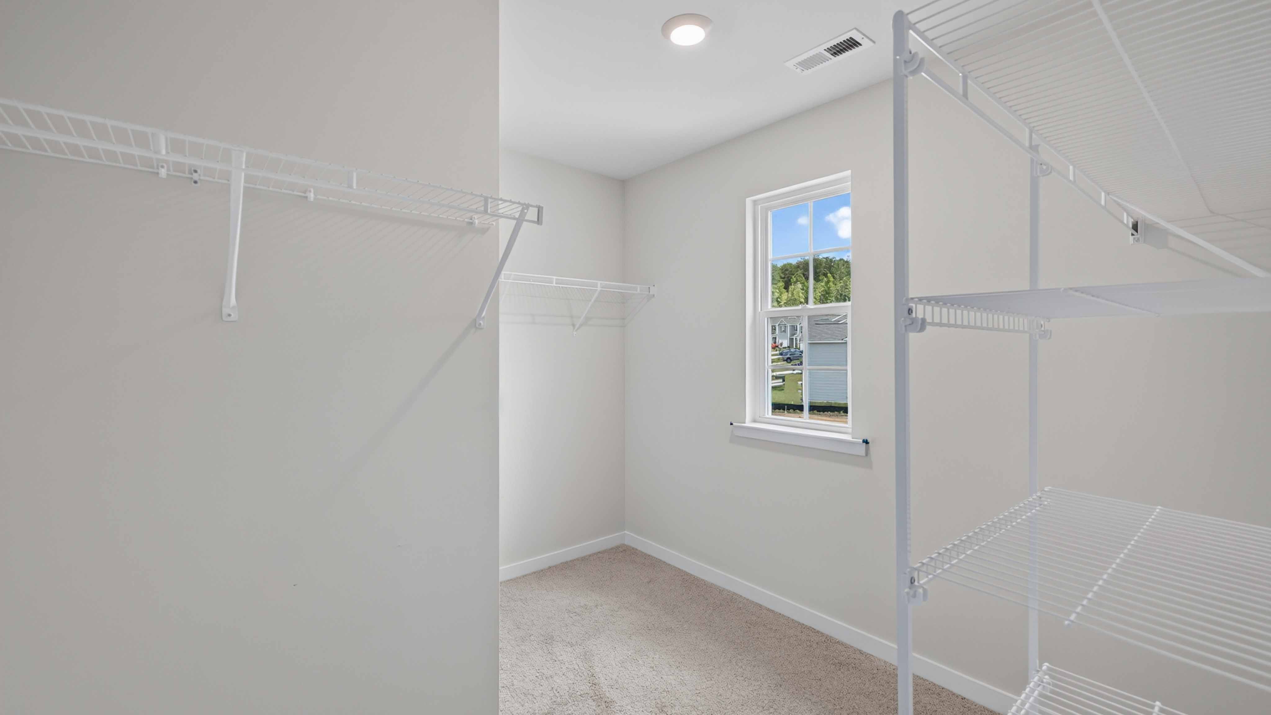 Primary bedroom walk in closet, carpeted, with small window