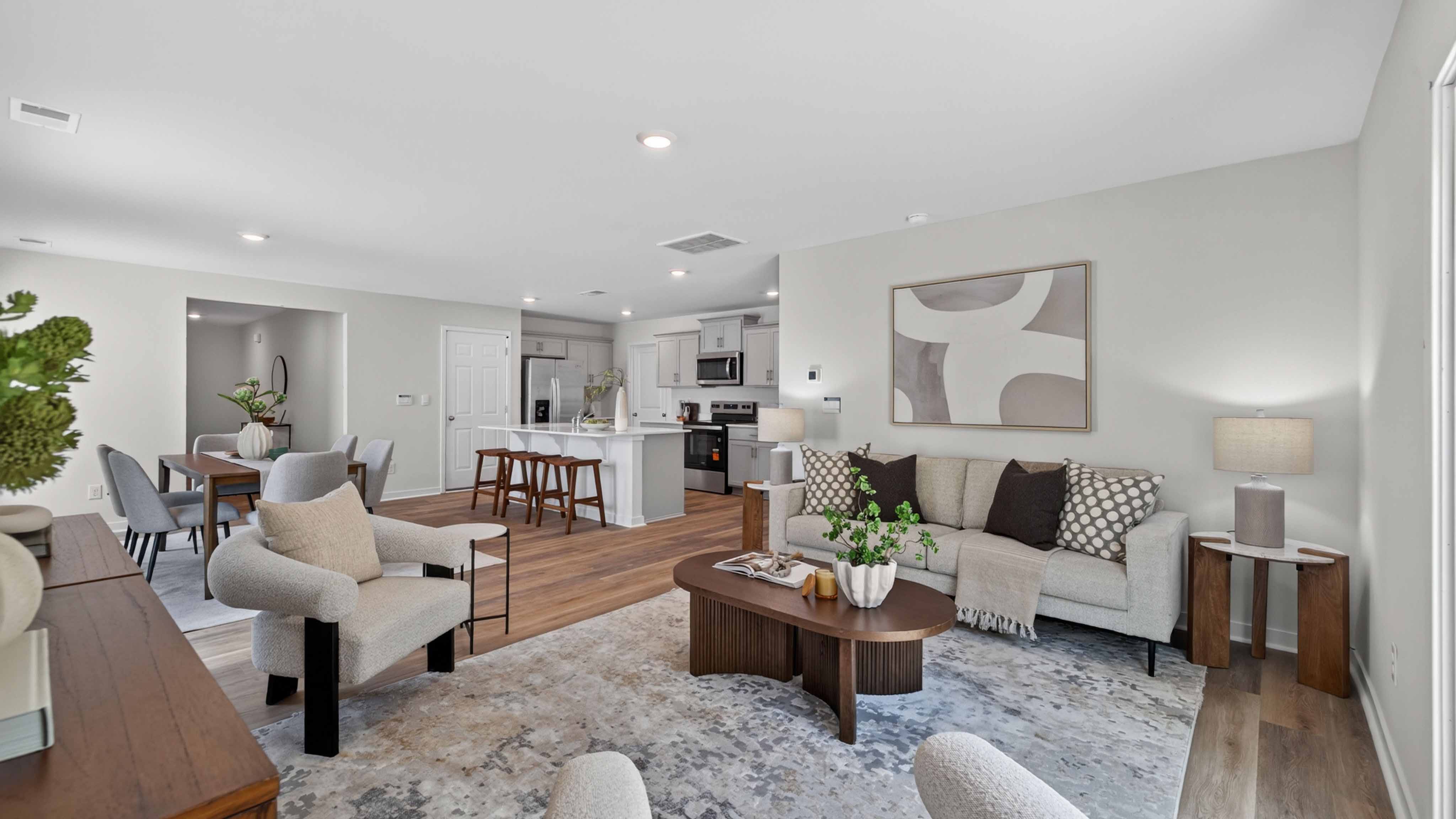 Family room with fireplace and large window