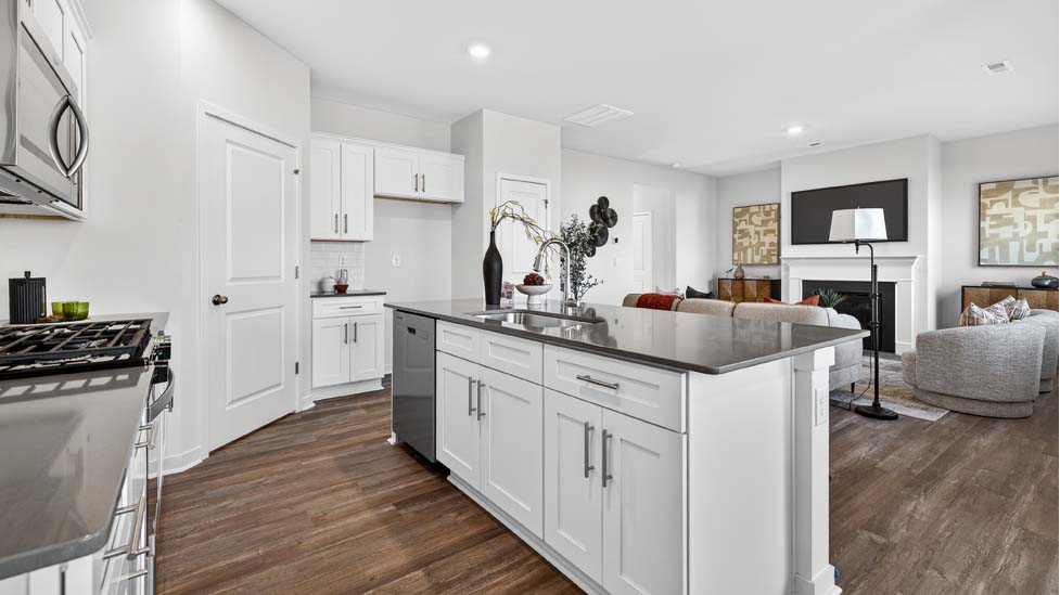 Kitchen and island with white cabinets, quartz counters, wood floors and stainless steel appliances