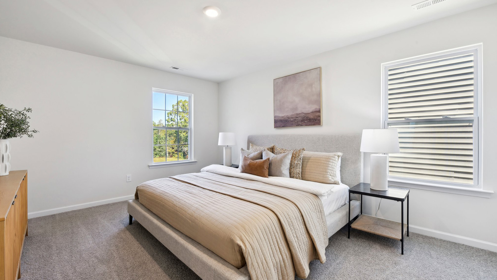 Primary bedroom, carpeted with large windows