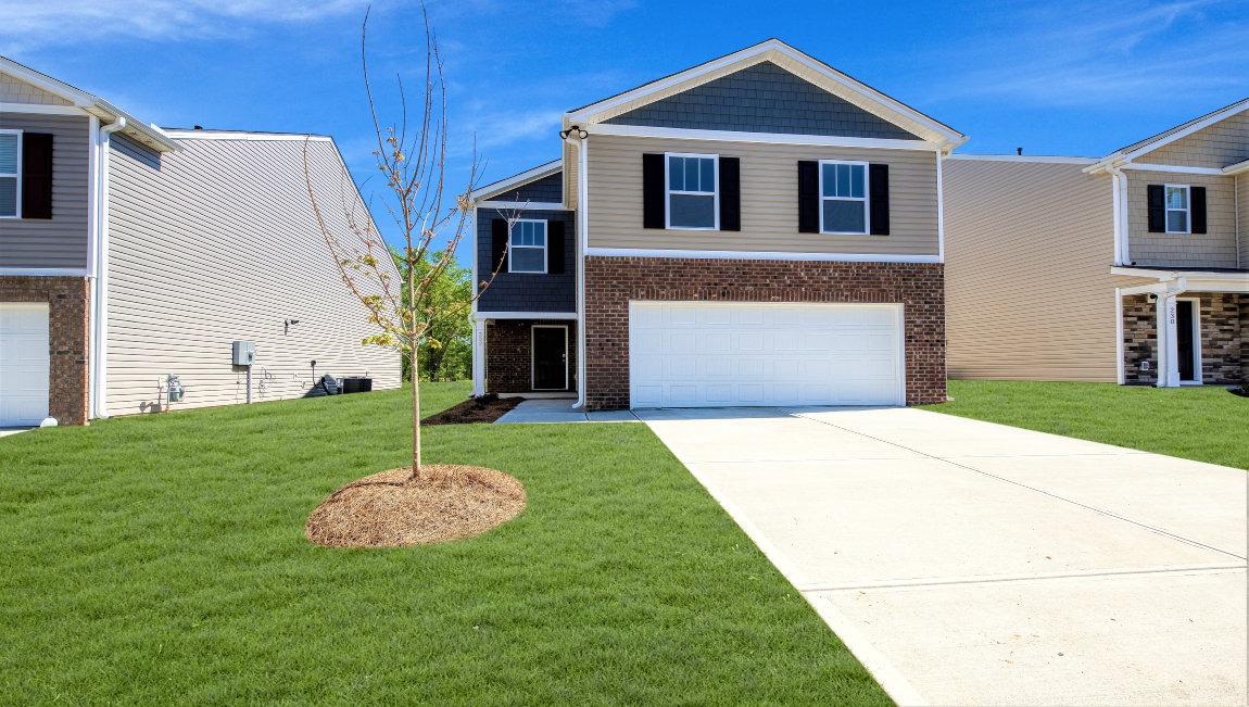 Elston front exterior rendering with siding and two car garage