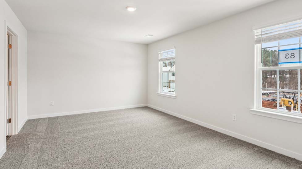 Primary bedroom with carpet and large windows