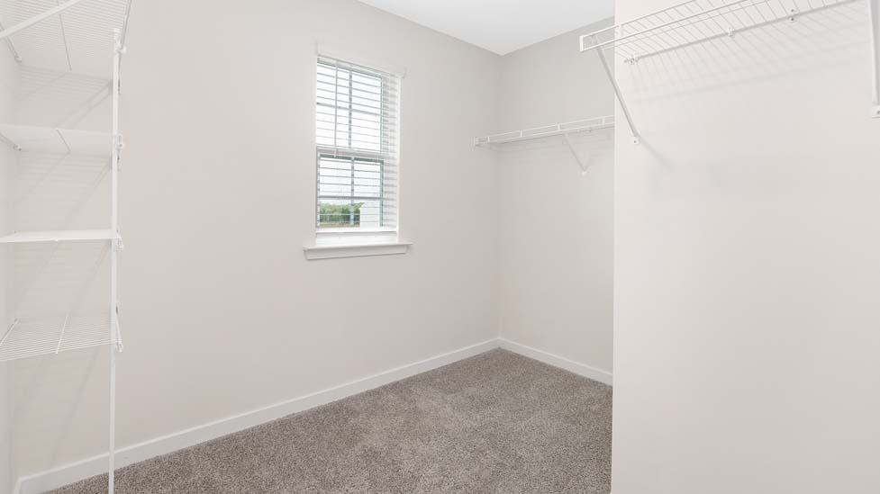 Primary bedroom walk in closet, carpeted, with small window