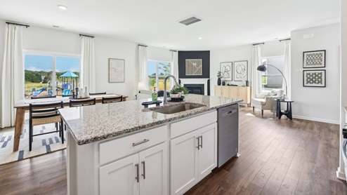 Kitchen and island with white cabinets and stainless steel appliances. New Home in Charlotte, North Carolina