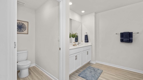 Primary bathroom with double sink vanity and standing shower