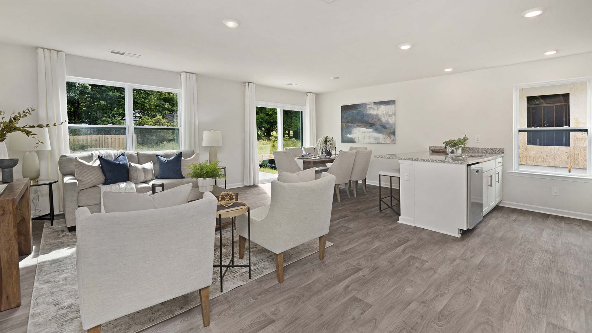 open living room space with windows