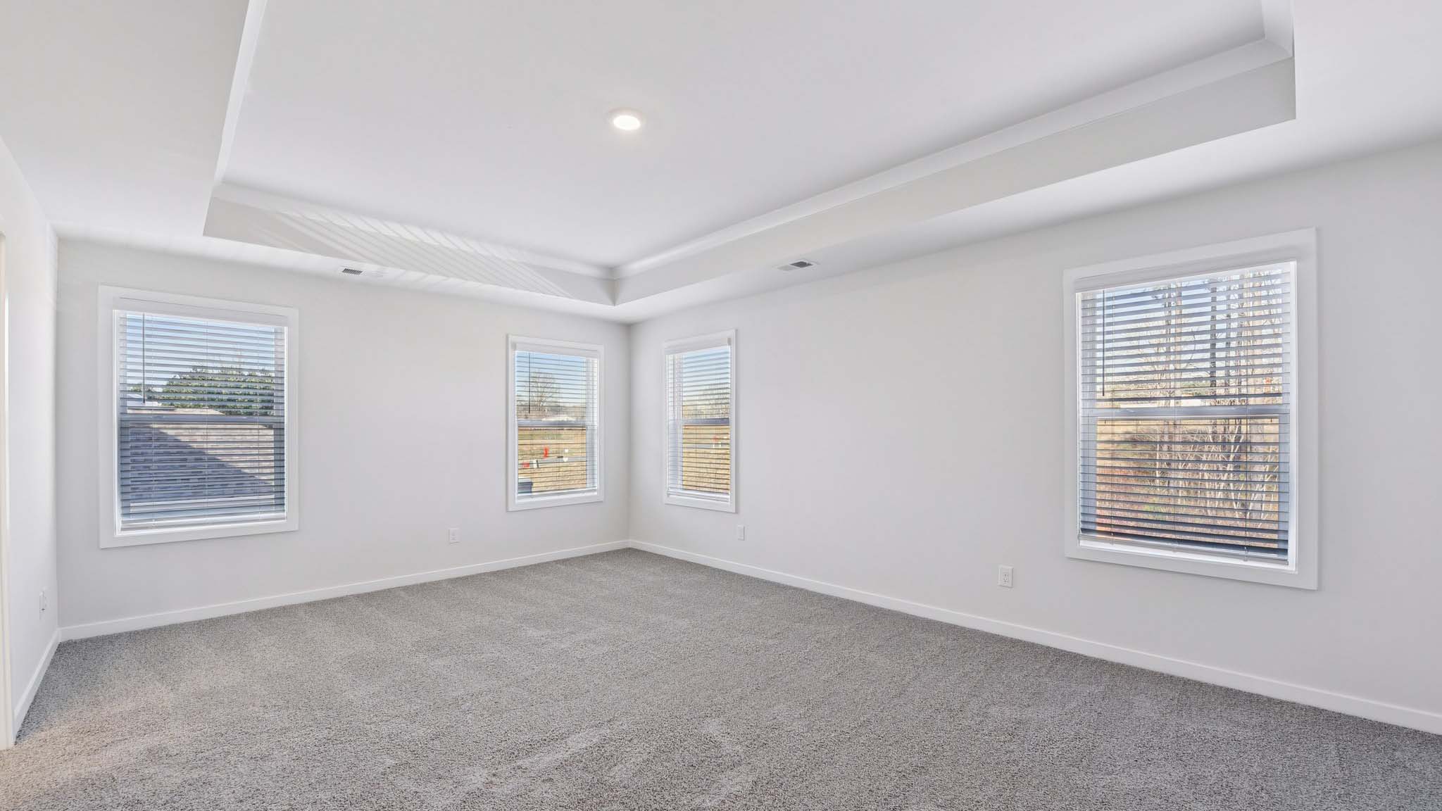 Primary carpeted bedroom with windows