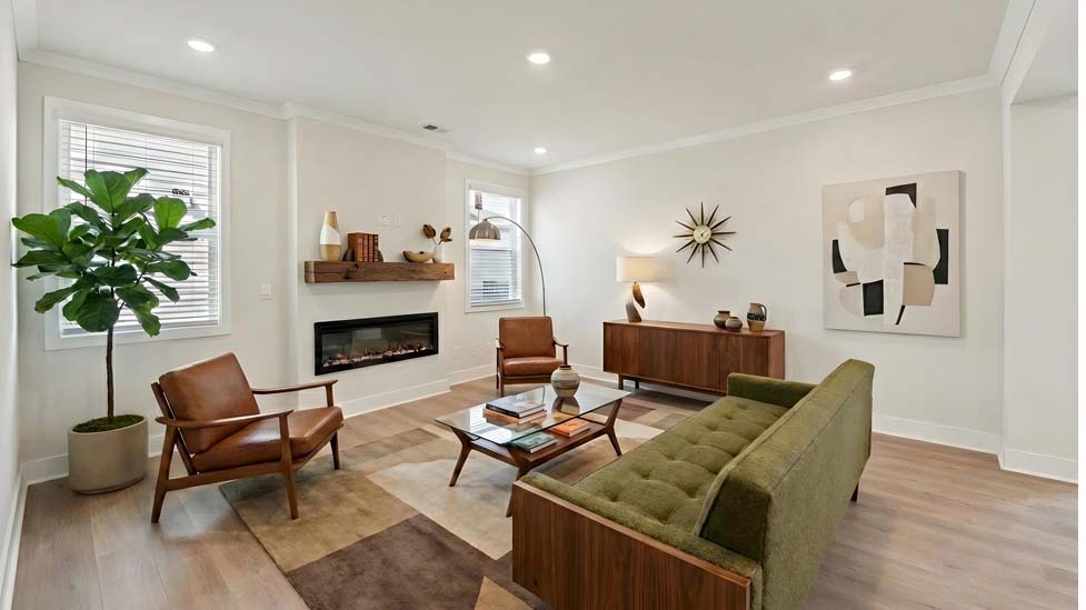 Living room with fireplace and windows