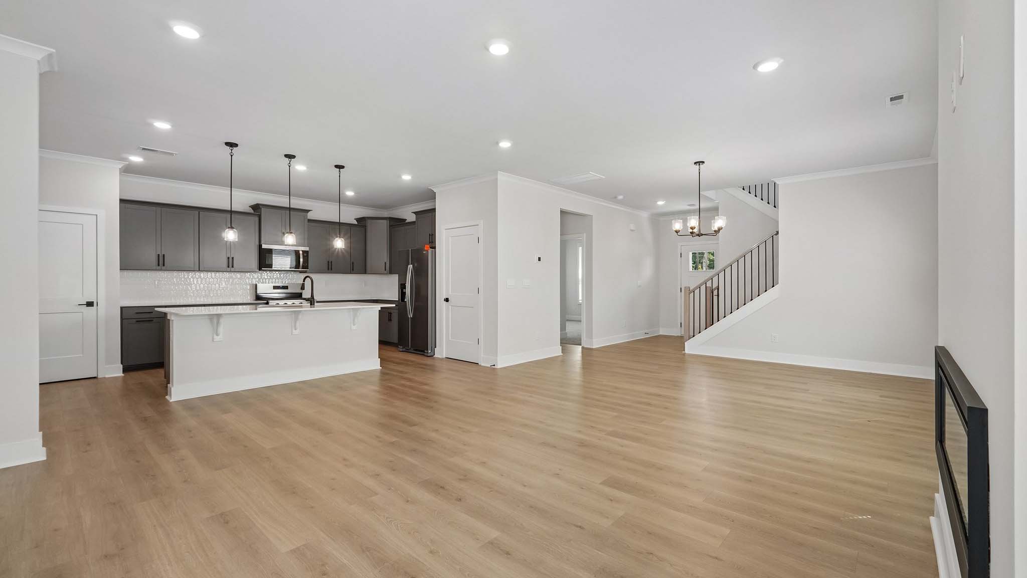 Living room with fireplace and windows
