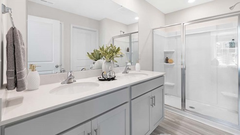 Bathroom with double sink vanity and standing glass shower