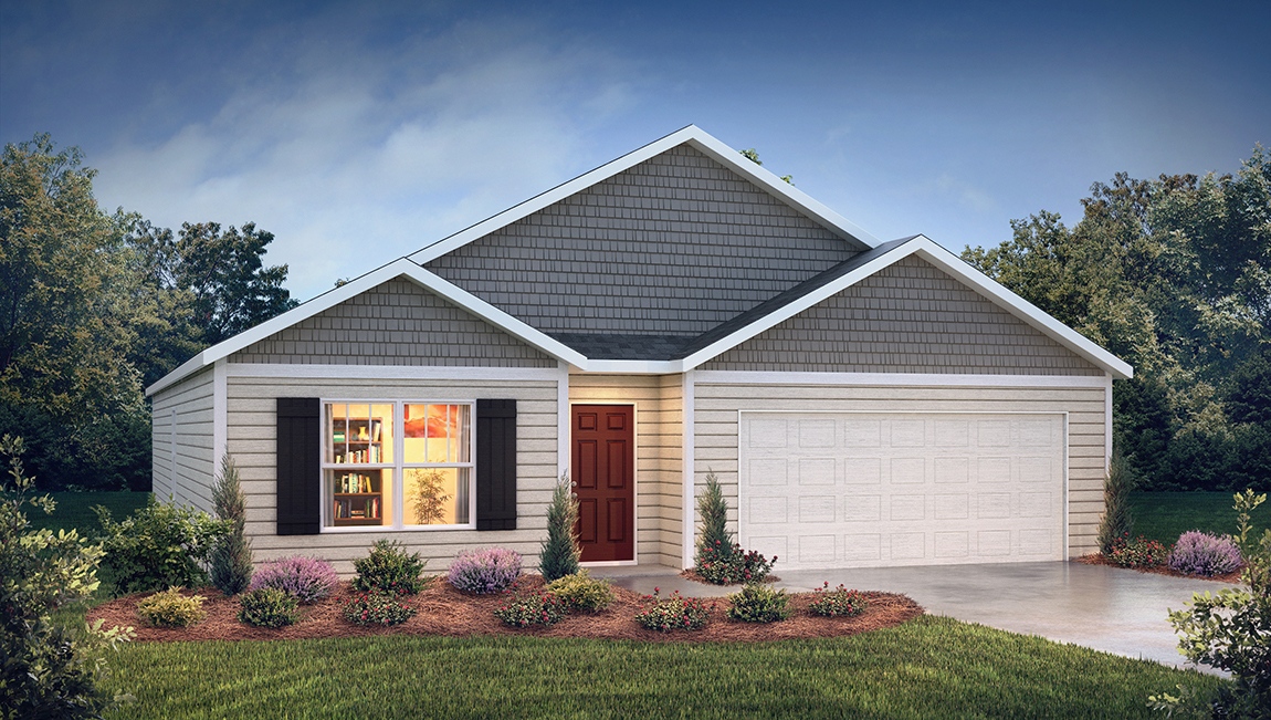 Cali front exterior rendering with siding and two car garage