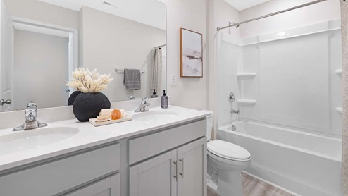 Bathroom with bathtub shower combination and double sink vanity