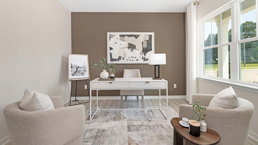 Office space with french doors and vinyl floors