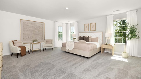 Primary bedroom with large windows and carpet