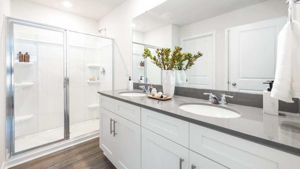 Bathroom with double sink vanity, white counters and cabinets, standing glass door shower