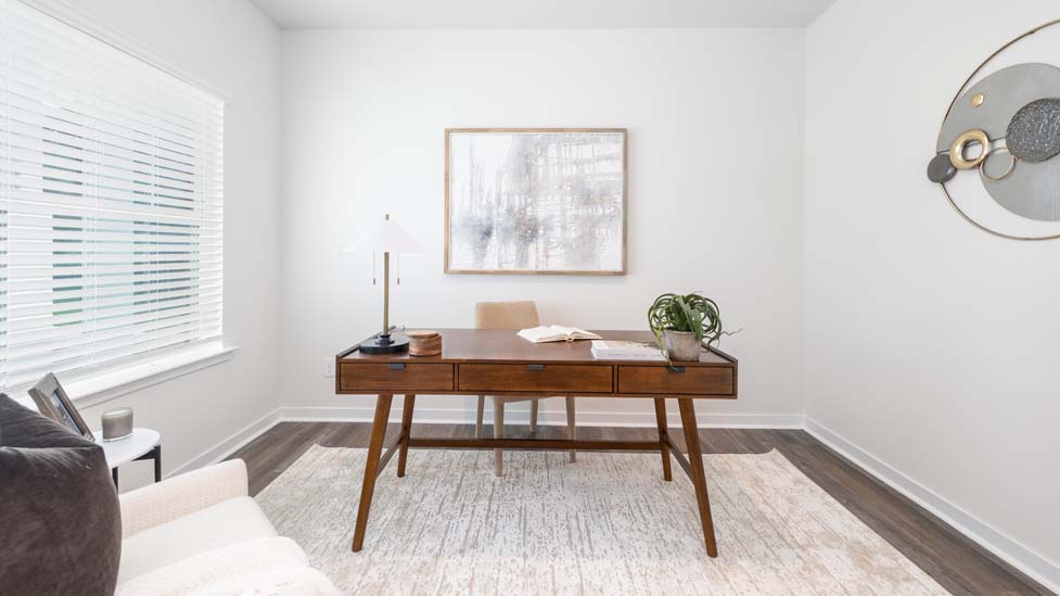 Office space with french doors and vinyl floors
