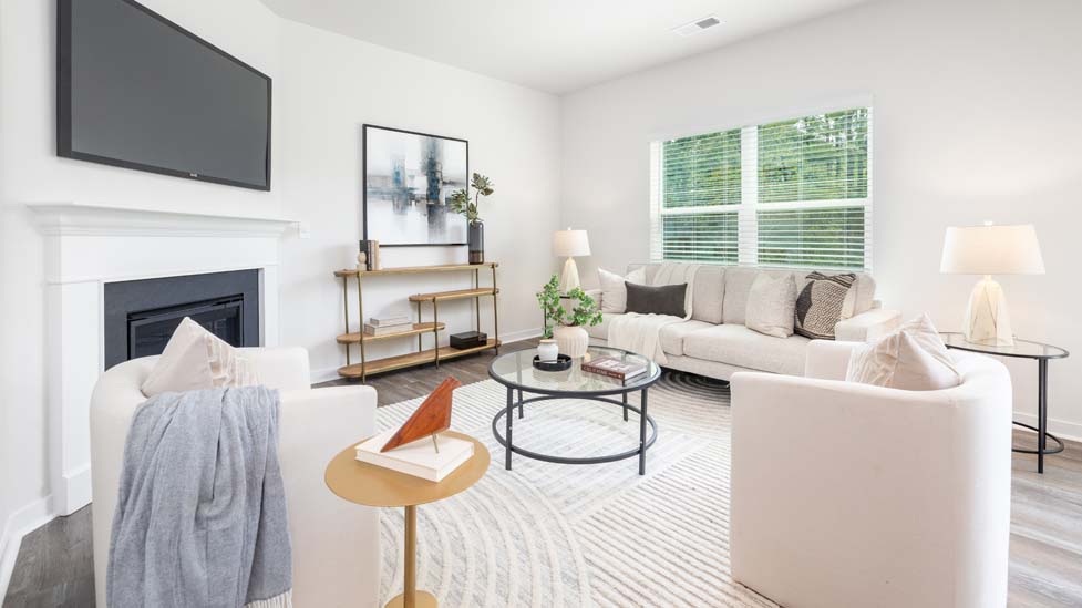 living room with vinyl flooring, electric fireplace and large window