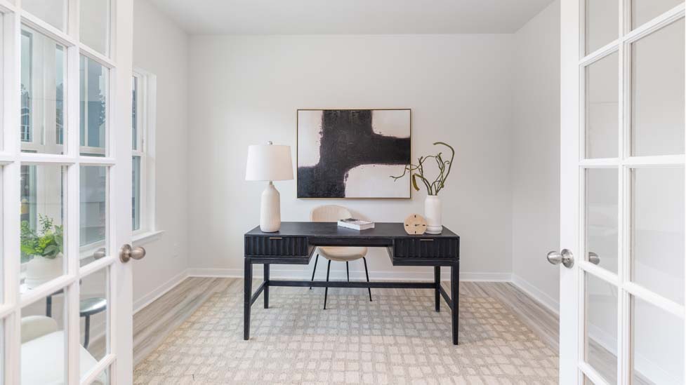 Office space with french doors and vinyl floors