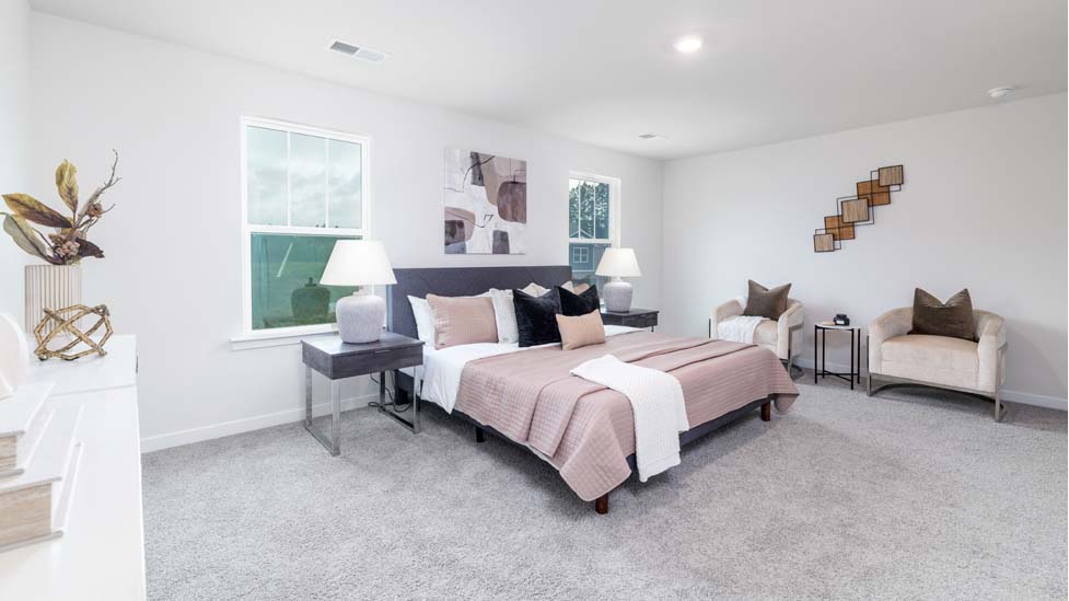 Primary bedroom with carpet and two large windows