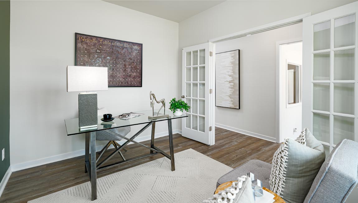 Office space with french doors and vinyl floors