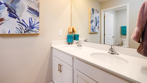 Bathroom with white counters and cabinets