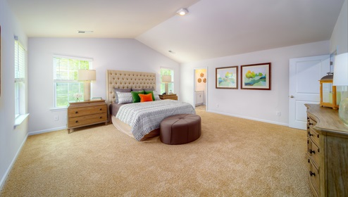 Primary carpeted bedroom with two windows