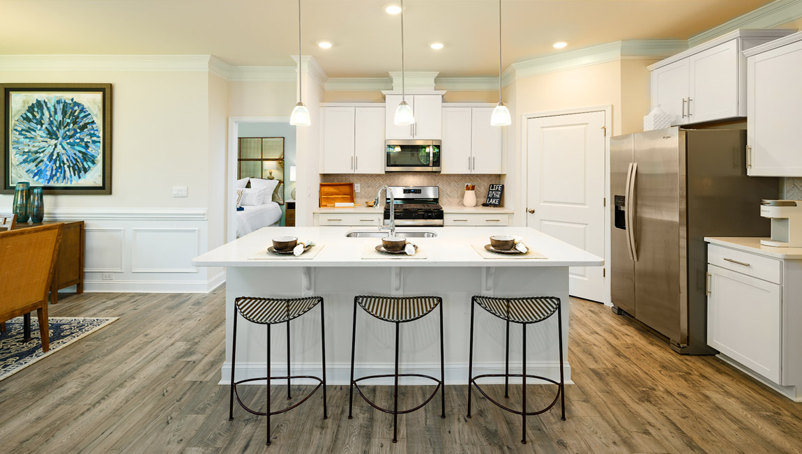 Kitchen and island, white counters and cabinets, wood floors