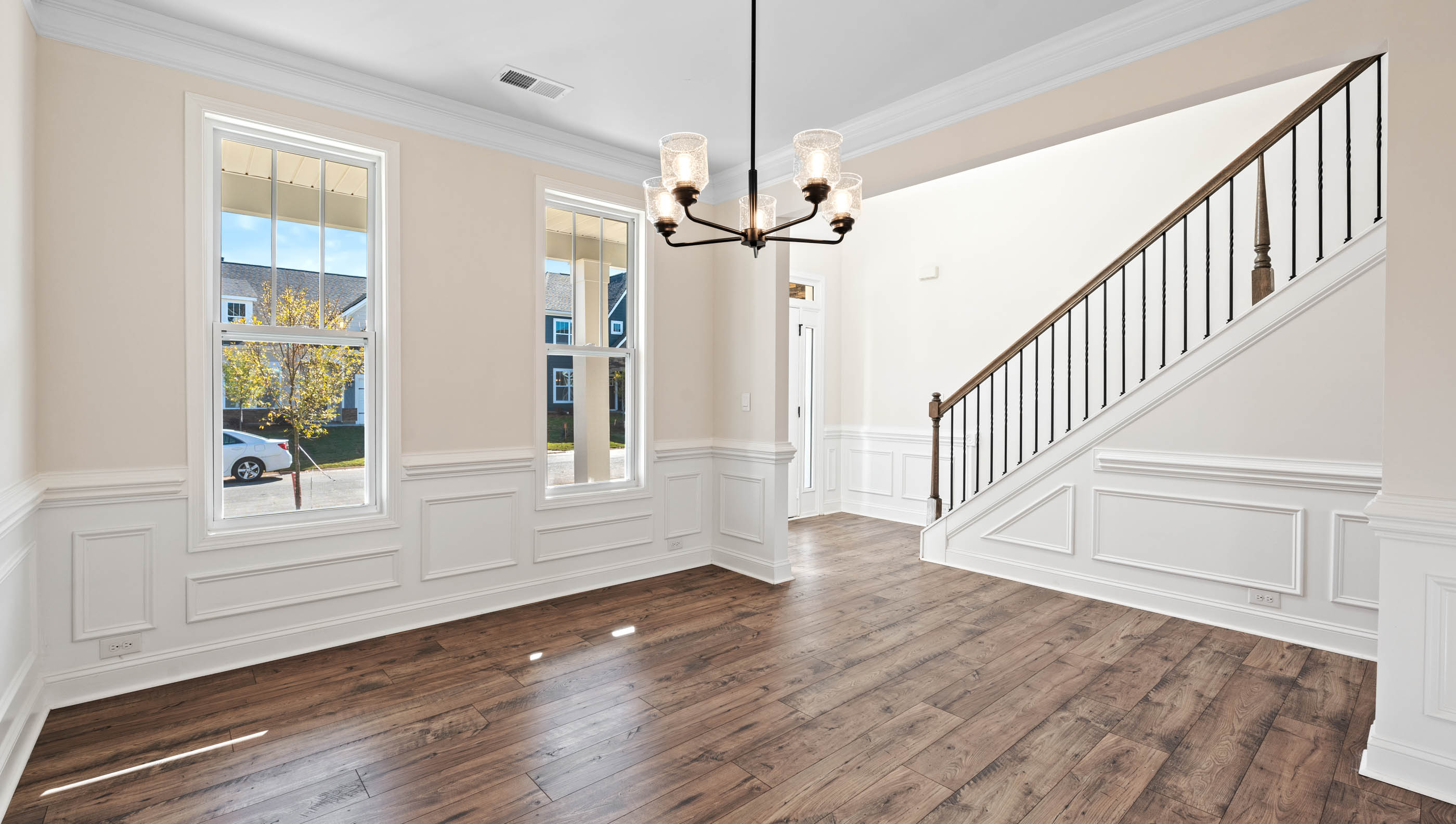 Dining room space with two windows