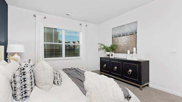 Carpeted primary bedroom with large window and ceiling fan
