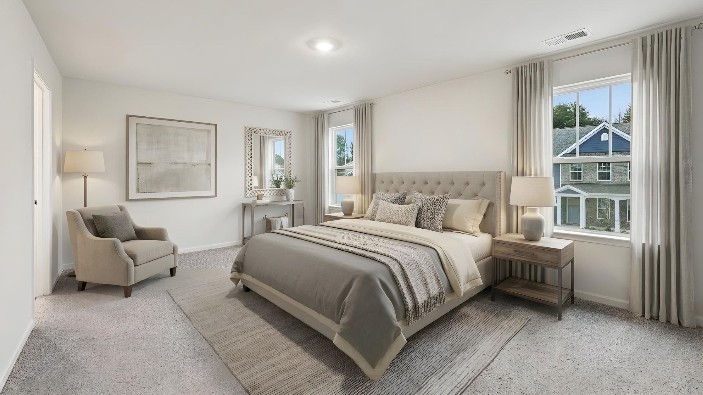 Carpeted bedroom with large window