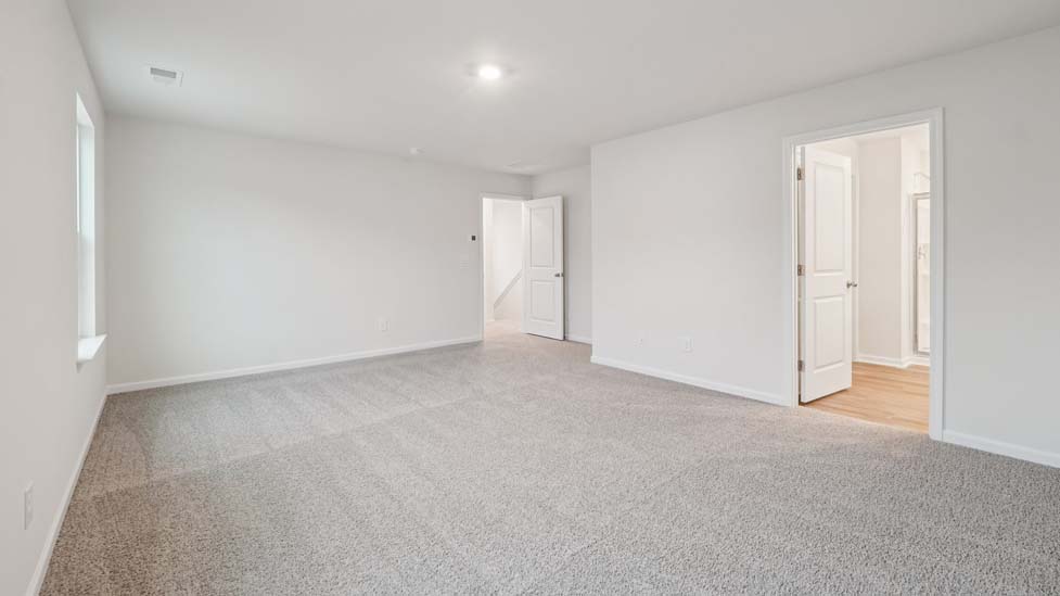 Primary bedroom with carpet and two large windows