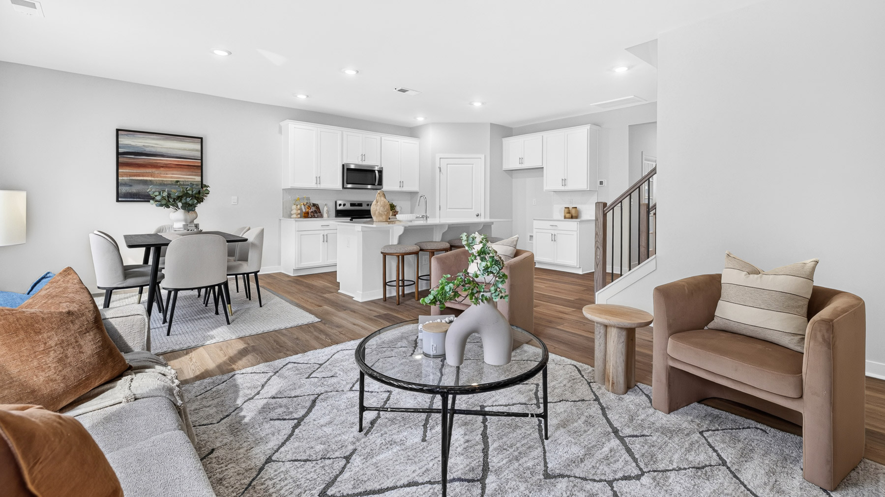 Open living area with fireplace and windows