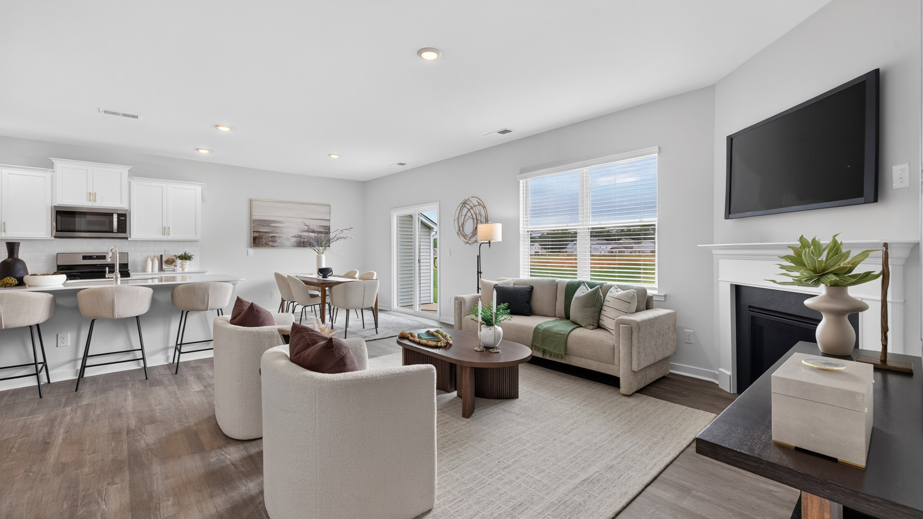 Living room with fireplace and windows