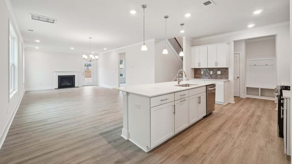 Kitchen and island, white counters and cabinets, wood floors