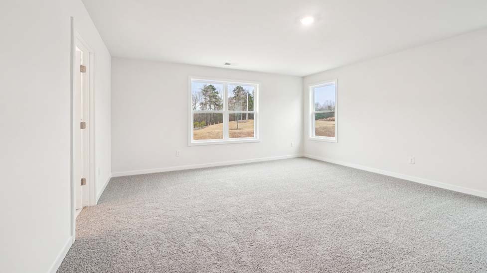 Primary bedroom, wood floors, large windows