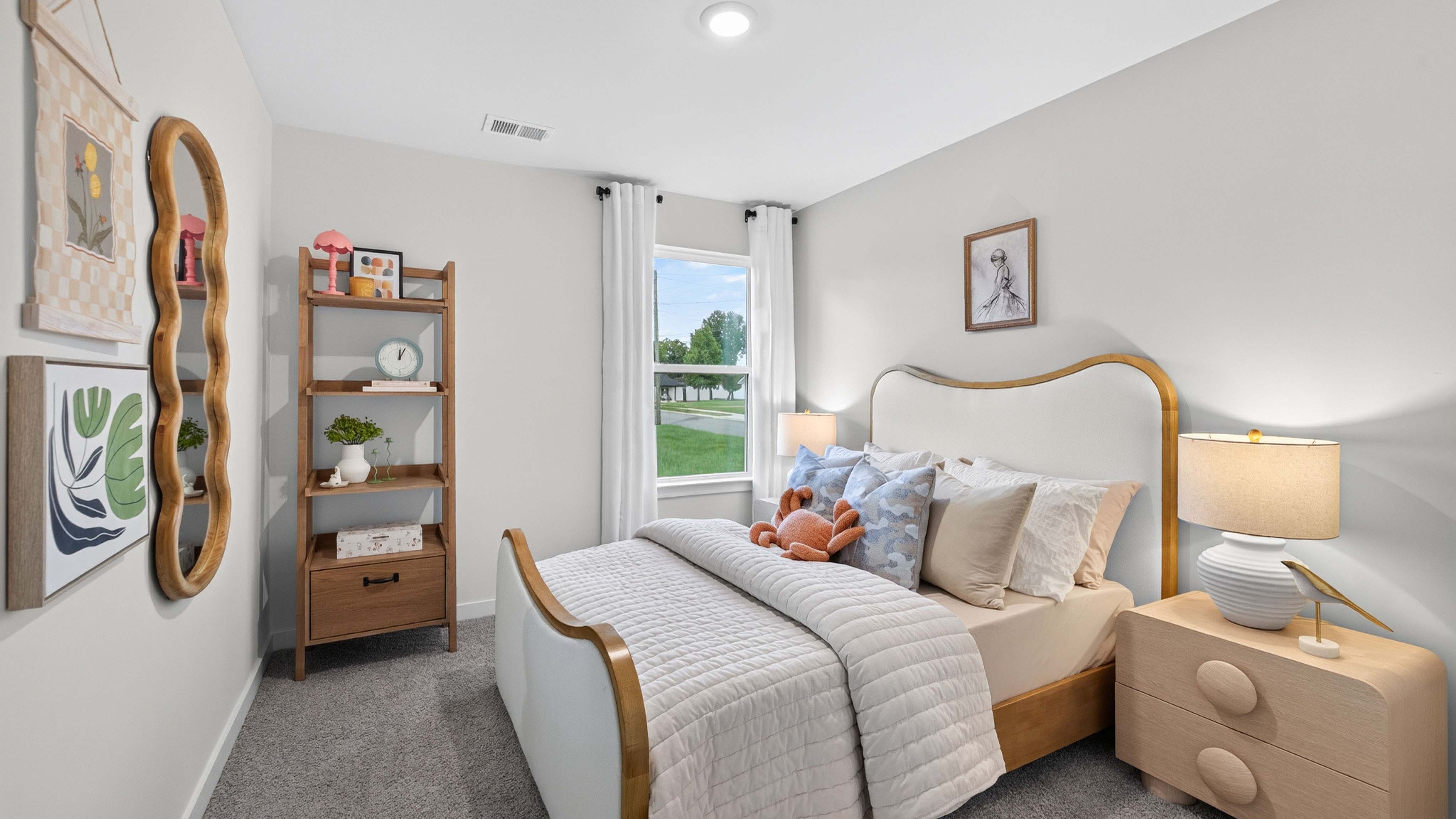 carpeted bedroom with small window
