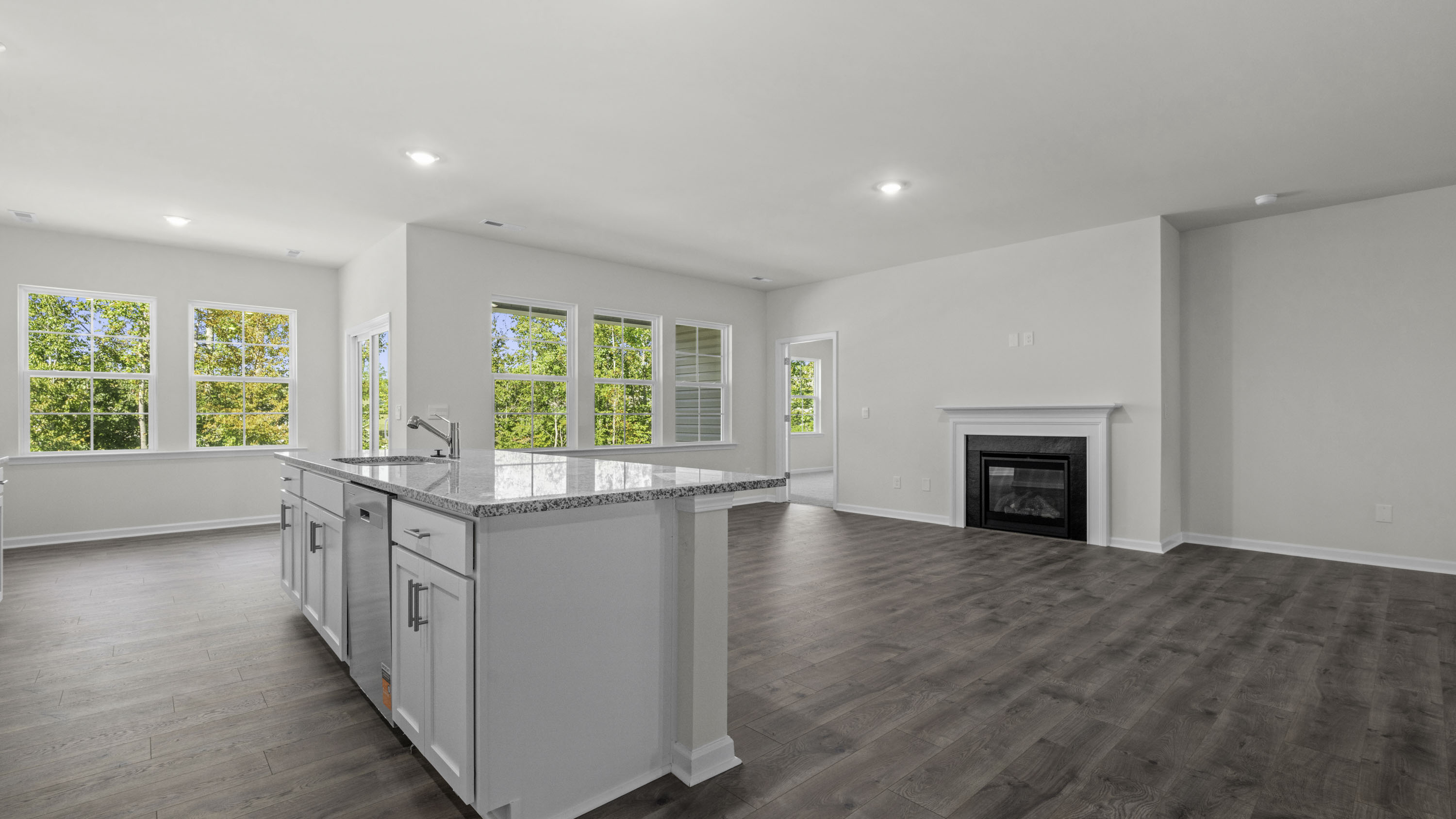 kitchen and fireplace view